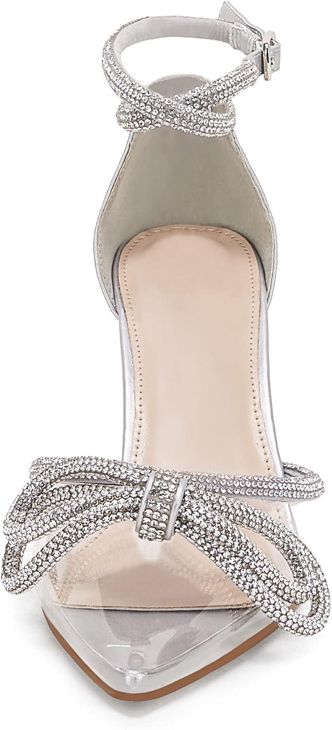 imageCoutgo Womens Clear Heels Closed Toe Pointed Rhinestone Heels Wedding Bridal Dress Shoes Ankle Strap Mid Heel Stiletto Pumps ShoesSilver