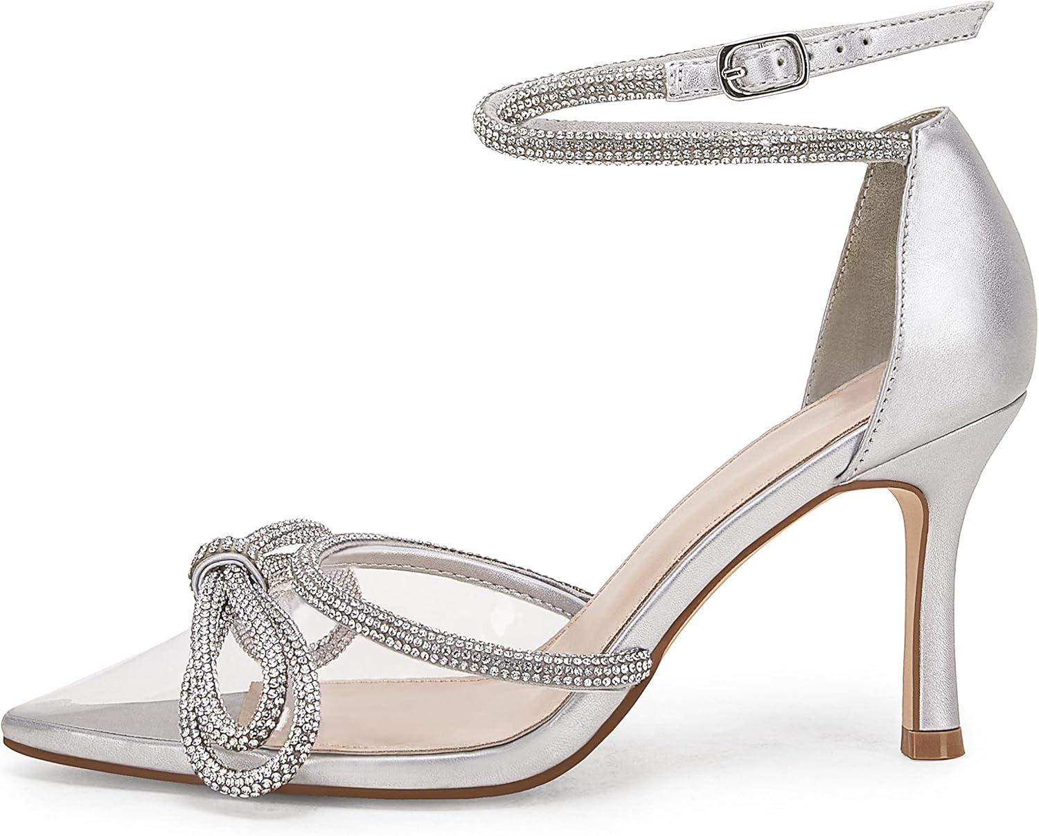 imageCoutgo Womens Clear Heels Closed Toe Pointed Rhinestone Heels Wedding Bridal Dress Shoes Ankle Strap Mid Heel Stiletto Pumps ShoesSilver