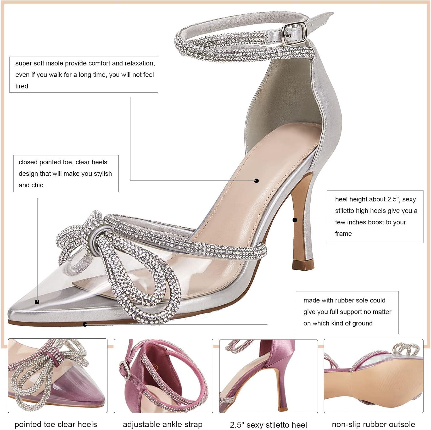 imageCoutgo Womens Clear Heels Closed Toe Pointed Rhinestone Heels Wedding Bridal Dress Shoes Ankle Strap Mid Heel Stiletto Pumps ShoesSilver