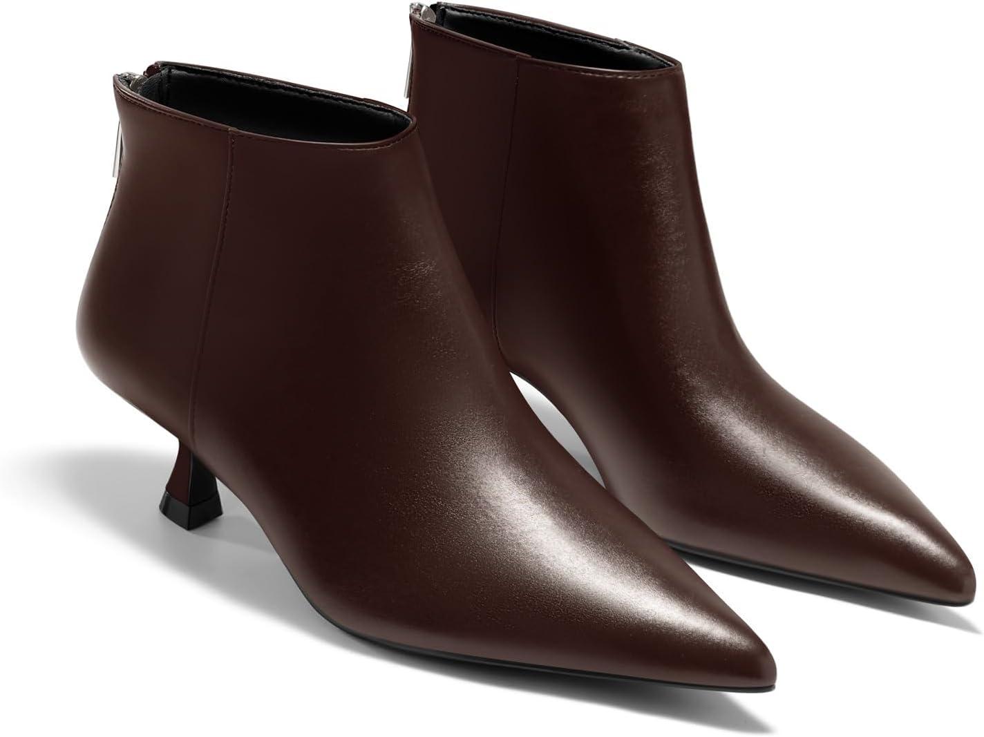 imageCoutgo Womens Kitten Low Heel Booties Pointed Toe Short Ankle Boots Back Zipper Fall ShoesChocolate