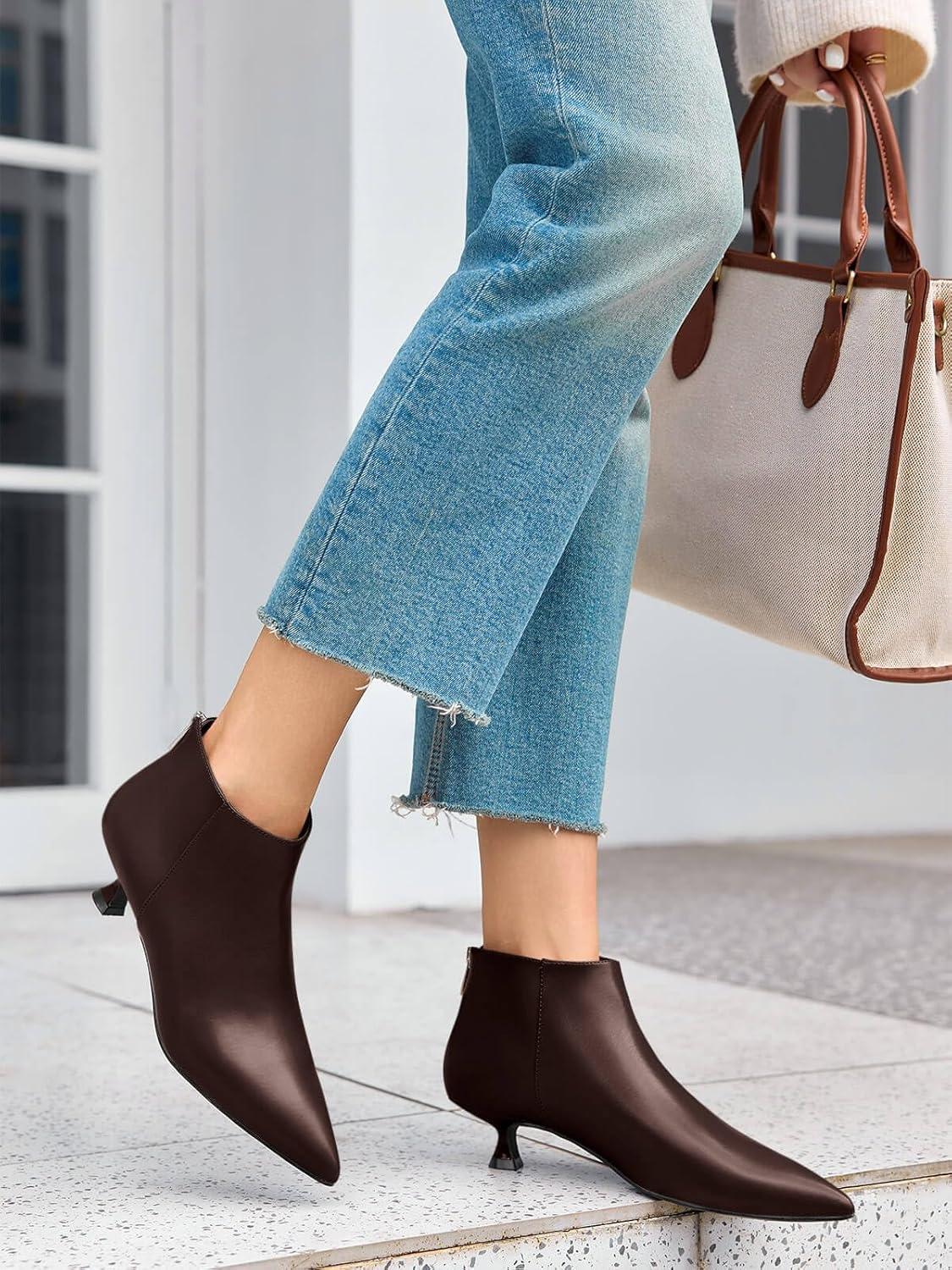 imageCoutgo Womens Kitten Low Heel Booties Pointed Toe Short Ankle Boots Back Zipper Fall ShoesChocolate