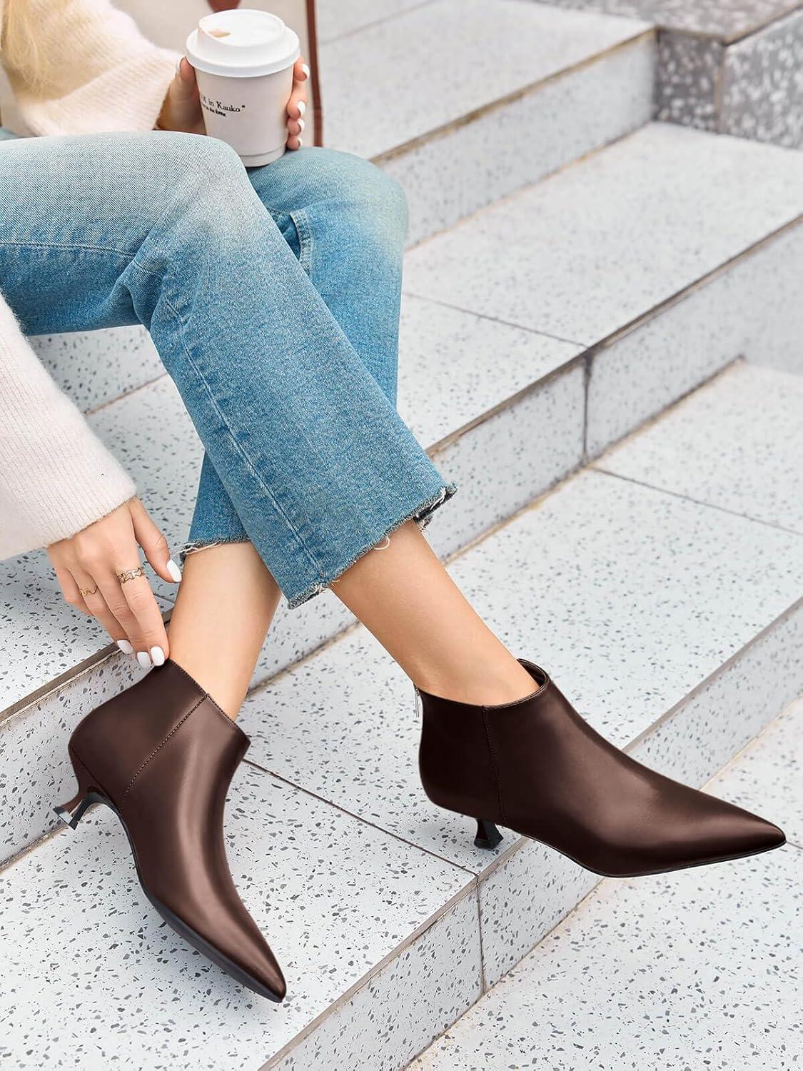 imageCoutgo Womens Kitten Low Heel Booties Pointed Toe Short Ankle Boots Back Zipper Fall ShoesChocolate