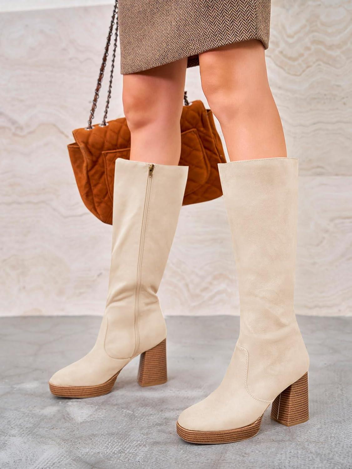 imageCoutgo Womens Platform Knee High Boots Chunky Block Heels Square Toe Tall Boots Side Zipper Fall Dress ShoesBeige Suede