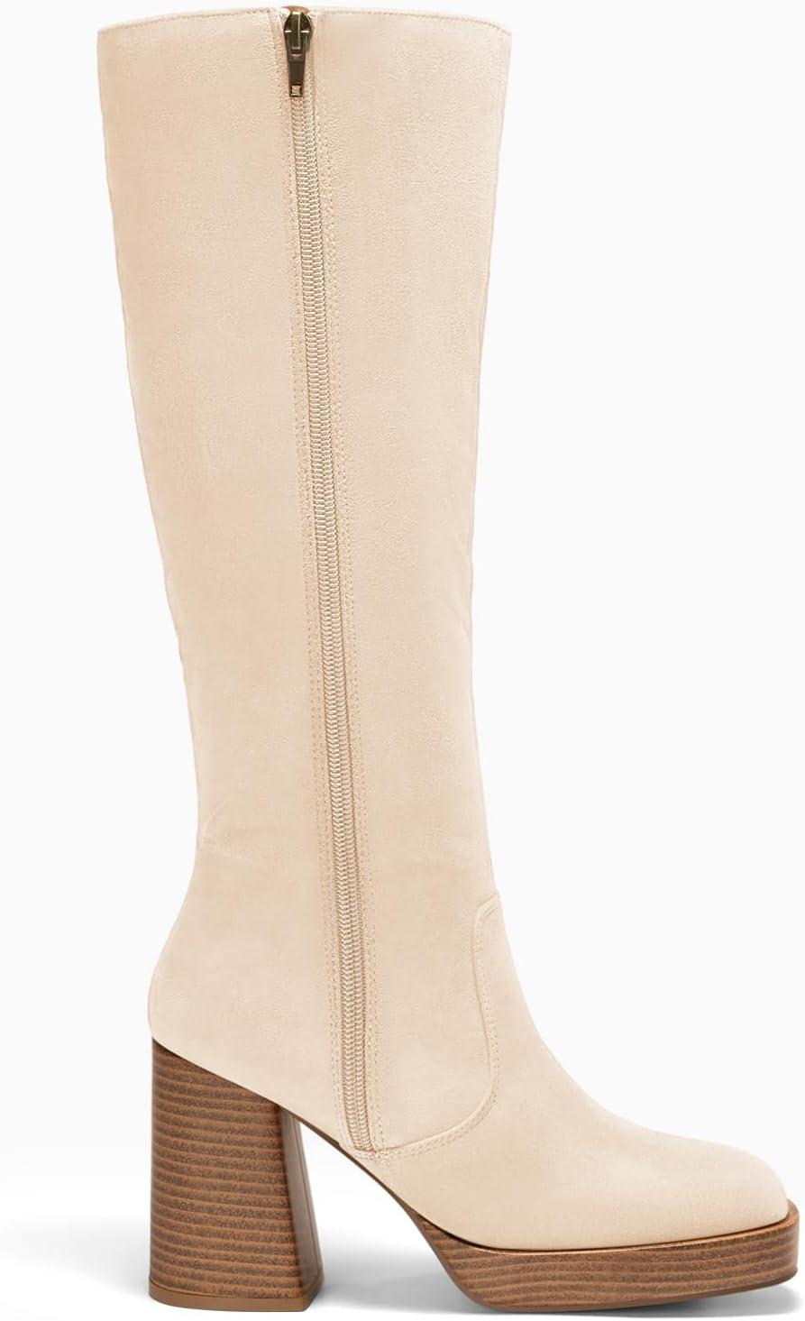 imageCoutgo Womens Platform Knee High Boots Chunky Block Heels Square Toe Tall Boots Side Zipper Fall Dress ShoesBeige Suede