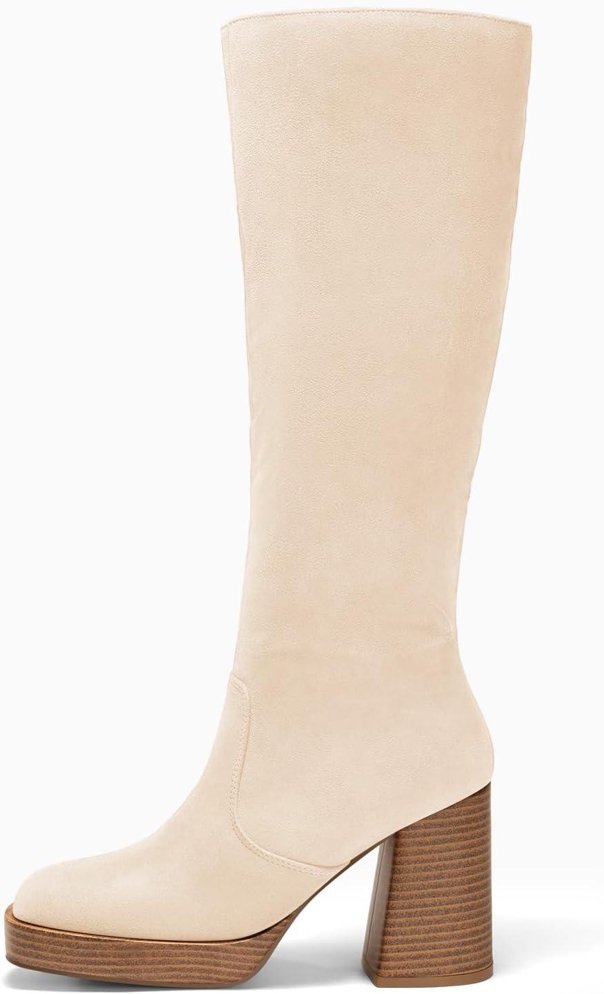 imageCoutgo Womens Platform Knee High Boots Chunky Block Heels Square Toe Tall Boots Side Zipper Fall Dress ShoesBeige Suede