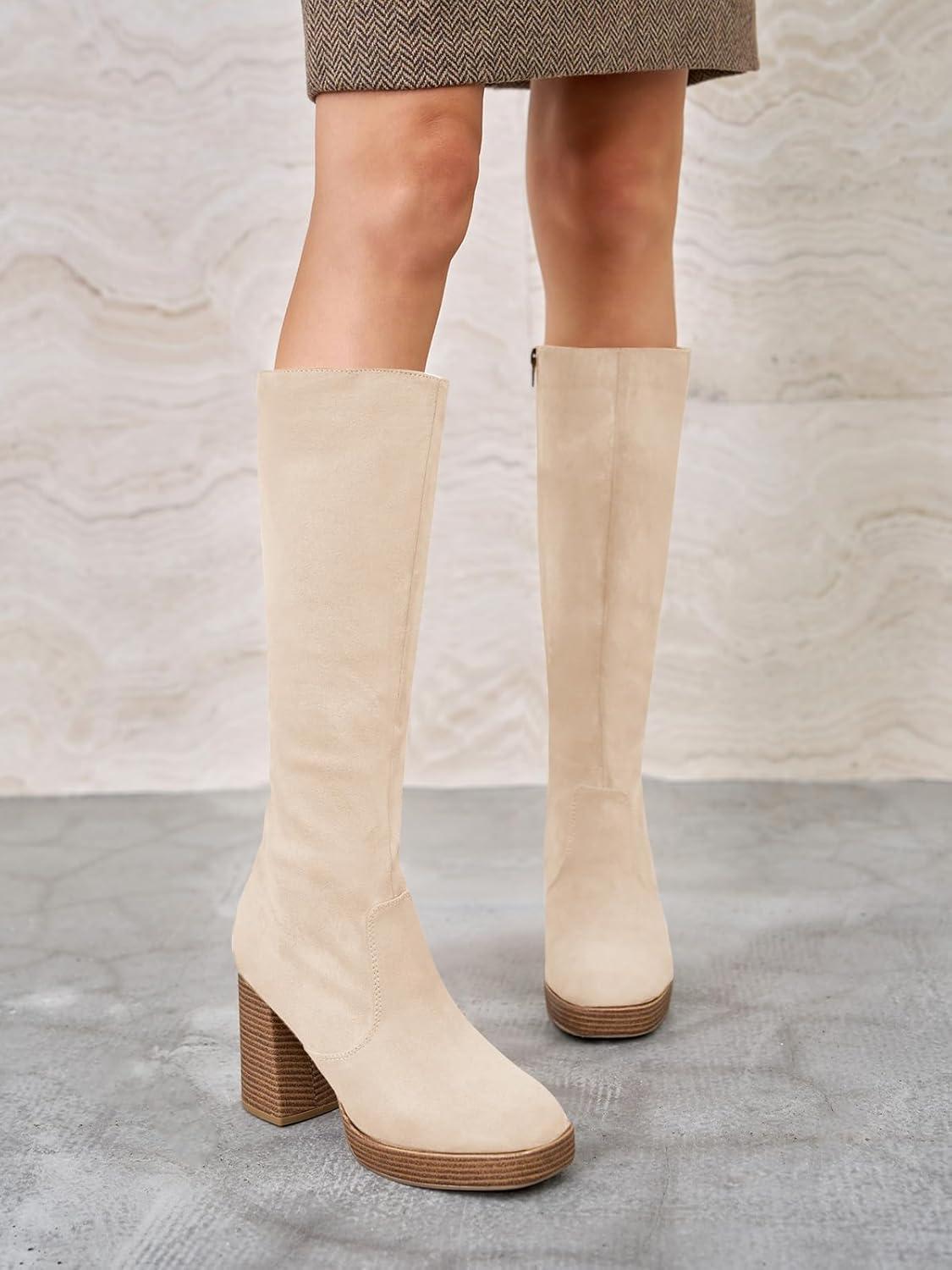 imageCoutgo Womens Platform Knee High Boots Chunky Block Heels Square Toe Tall Boots Side Zipper Fall Dress ShoesBeige Suede