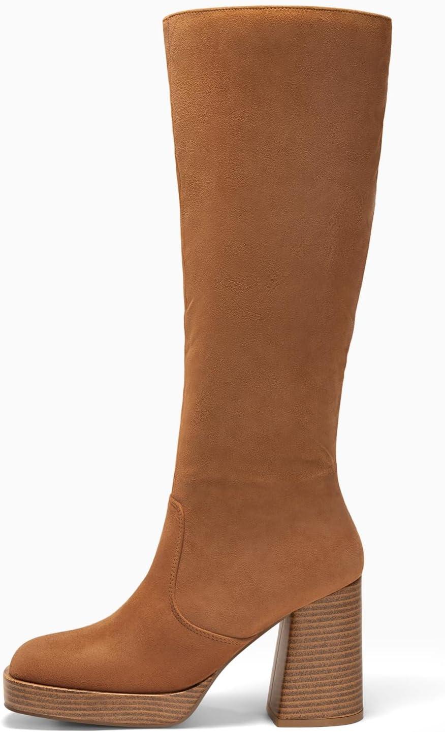 imageCoutgo Womens Platform Knee High Boots Chunky Block Heels Square Toe Tall Boots Side Zipper Fall Dress ShoesBrown Suede