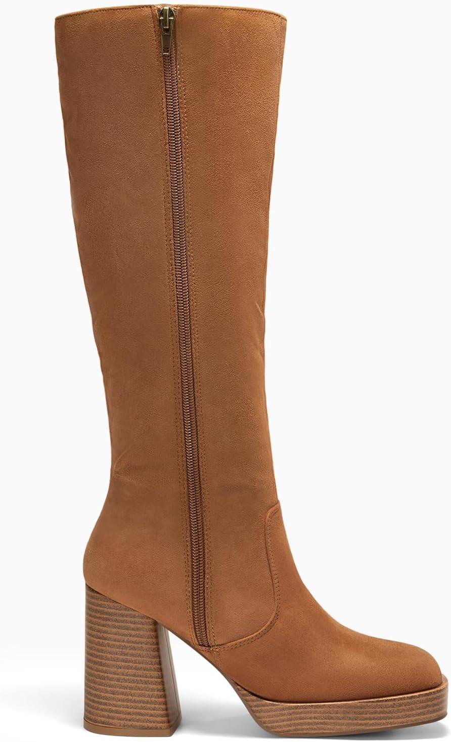 imageCoutgo Womens Platform Knee High Boots Chunky Block Heels Square Toe Tall Boots Side Zipper Fall Dress ShoesBrown Suede