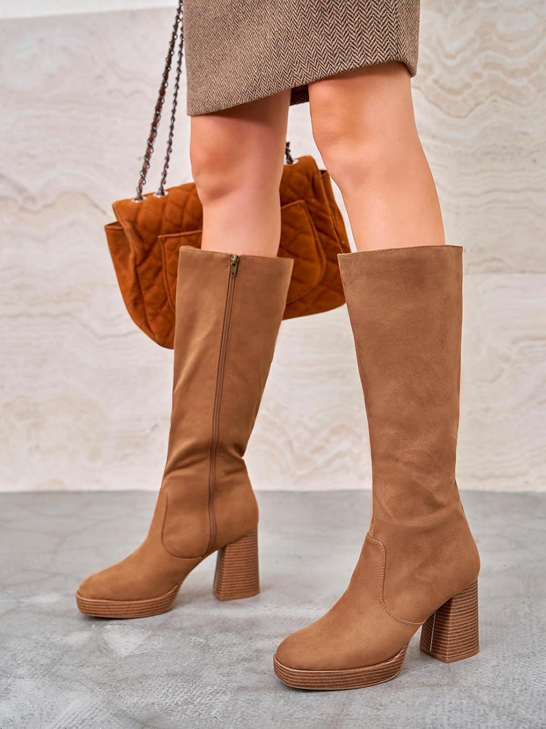 imageCoutgo Womens Platform Knee High Boots Chunky Block Heels Square Toe Tall Boots Side Zipper Fall Dress ShoesBrown Suede