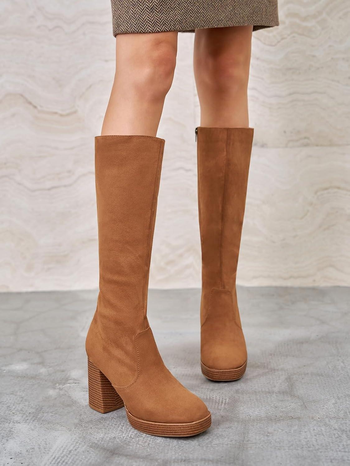 imageCoutgo Womens Platform Knee High Boots Chunky Block Heels Square Toe Tall Boots Side Zipper Fall Dress ShoesBrown Suede