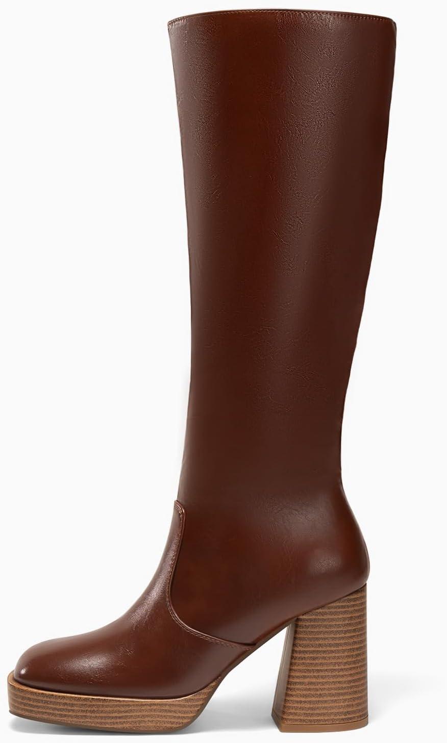 imageCoutgo Womens Platform Knee High Boots Chunky Block Heels Square Toe Tall Boots Side Zipper Fall Dress ShoesDark Brown Pu