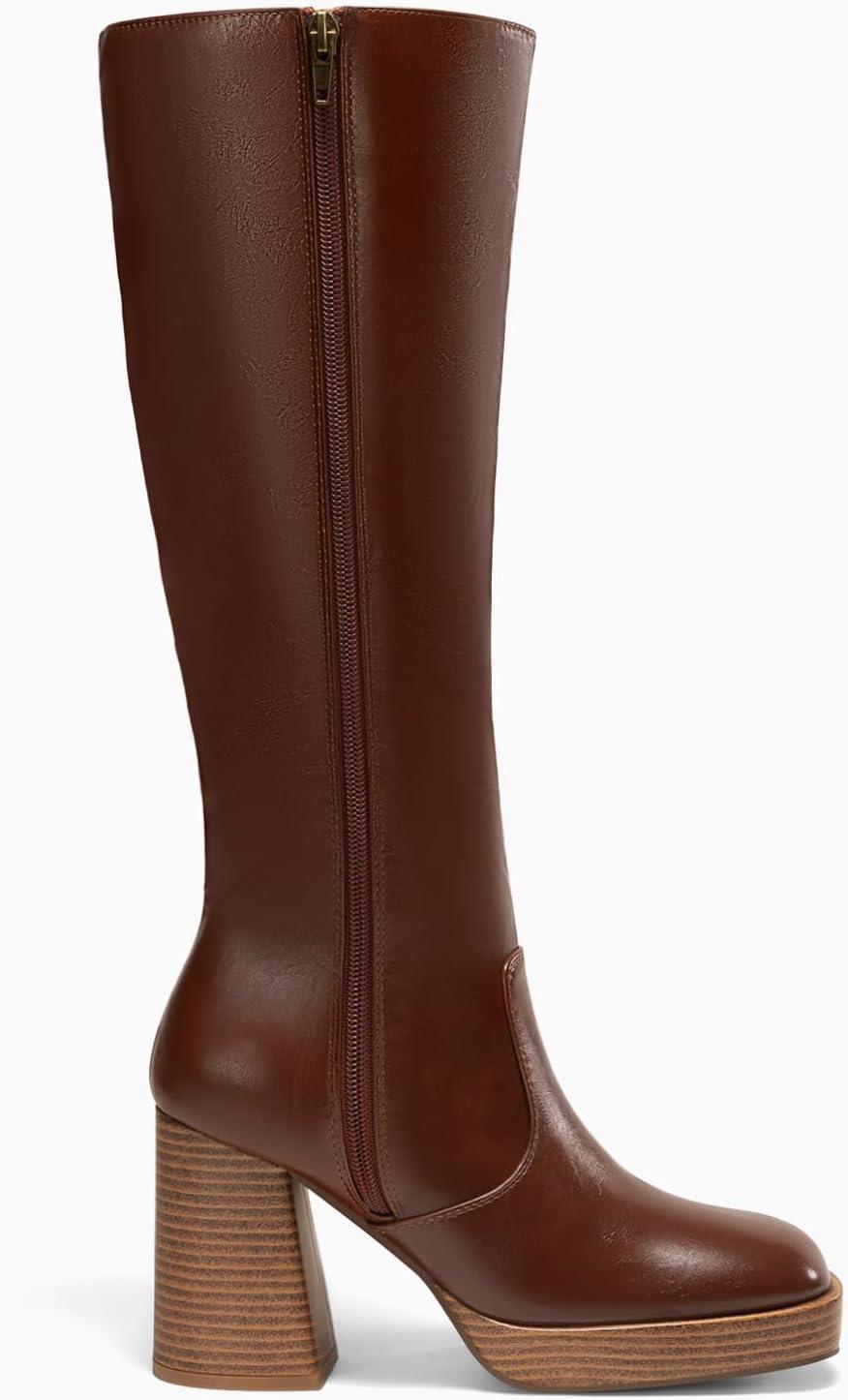 imageCoutgo Womens Platform Knee High Boots Chunky Block Heels Square Toe Tall Boots Side Zipper Fall Dress ShoesDark Brown Pu