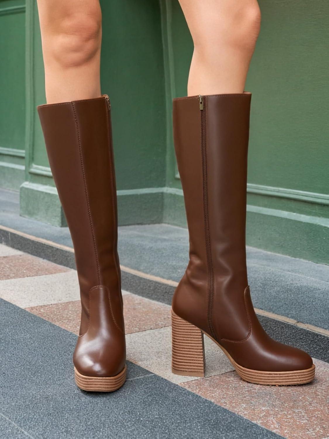 imageCoutgo Womens Platform Knee High Boots Chunky Block Heels Square Toe Tall Boots Side Zipper Fall Dress ShoesDark Brown Pu