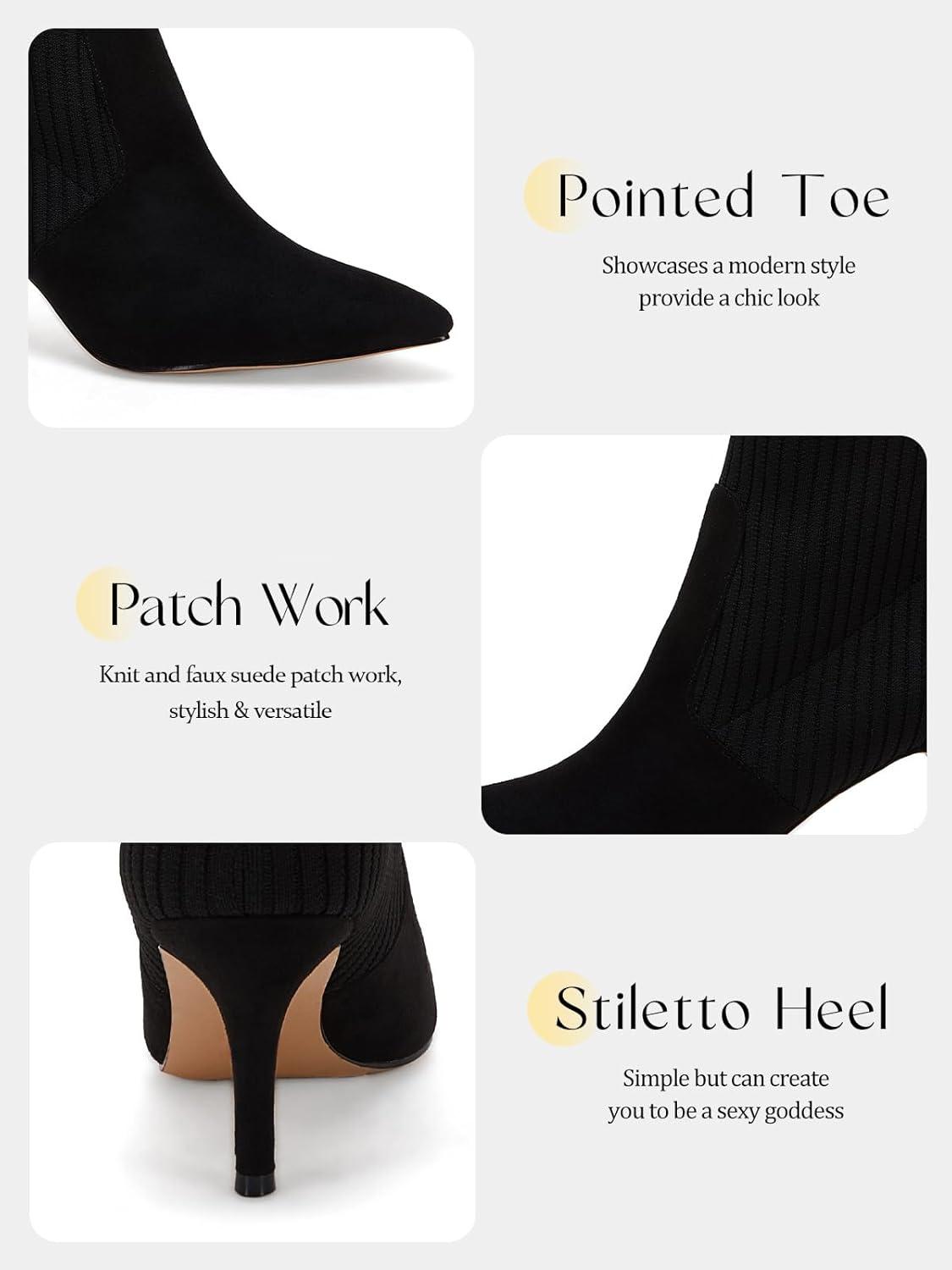 imageCoutgo Womens Pointed Toe Ankle Boots Stiletto Kitten Heel Knit Faux Suede Winter Sock BootiesBlack Suede