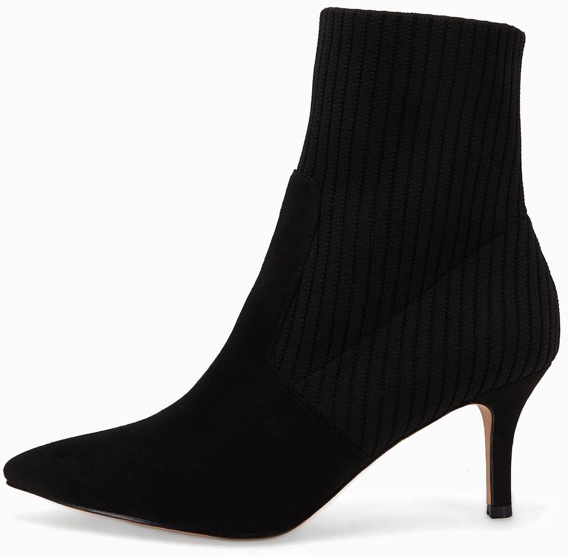 imageCoutgo Womens Pointed Toe Ankle Boots Stiletto Kitten Heel Knit Faux Suede Winter Sock BootiesBlack Suede