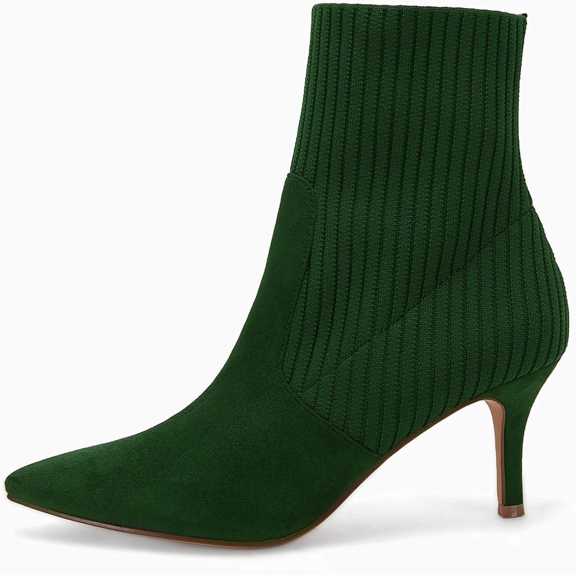 imageCoutgo Womens Pointed Toe Ankle Boots Stiletto Kitten Heel Knit Faux Suede Winter Sock BootiesDark Green Suede