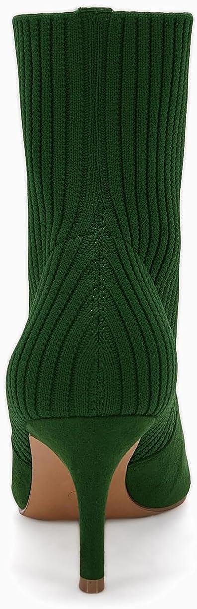 imageCoutgo Womens Pointed Toe Ankle Boots Stiletto Kitten Heel Knit Faux Suede Winter Sock BootiesDark Green Suede