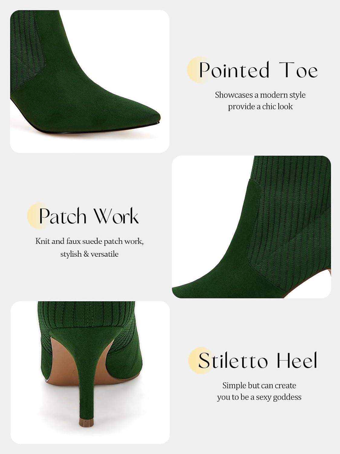 imageCoutgo Womens Pointed Toe Ankle Boots Stiletto Kitten Heel Knit Faux Suede Winter Sock BootiesDark Green Suede