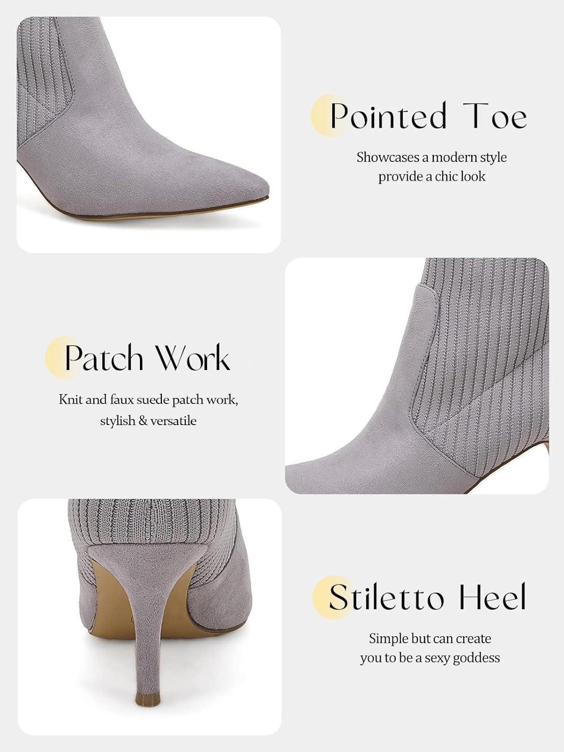 imageCoutgo Womens Pointed Toe Ankle Boots Stiletto Kitten Heel Knit Faux Suede Winter Sock BootiesGrey Suede