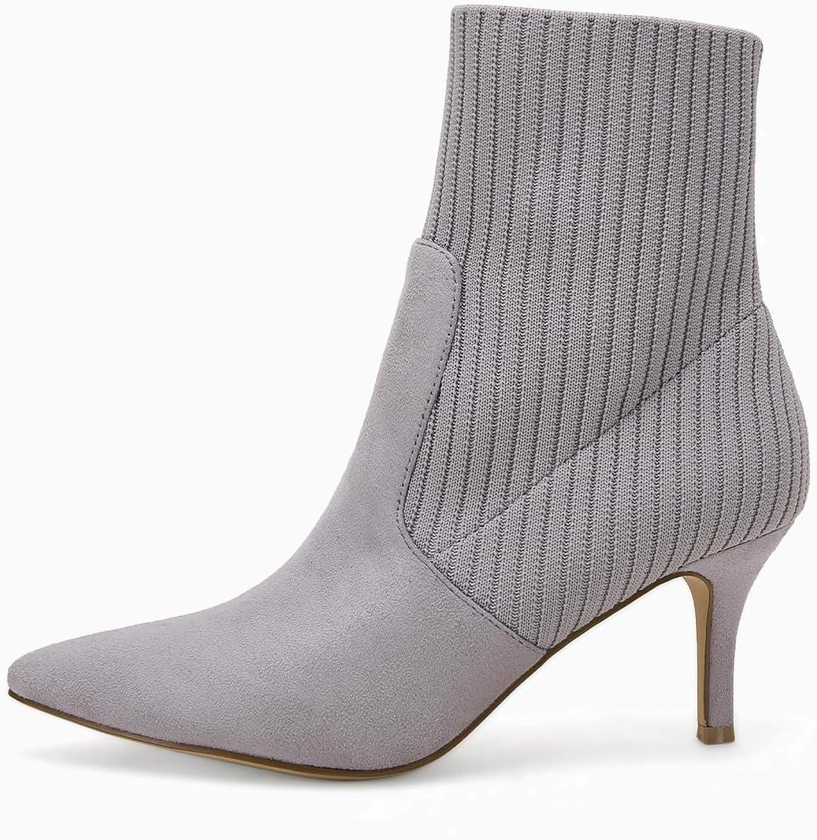 imageCoutgo Womens Pointed Toe Ankle Boots Stiletto Kitten Heel Knit Faux Suede Winter Sock BootiesGrey Suede