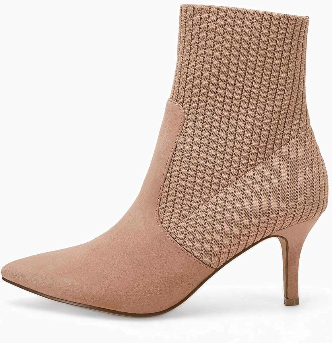 imageCoutgo Womens Pointed Toe Ankle Boots Stiletto Kitten Heel Knit Faux Suede Winter Sock BootiesKhaki Suede