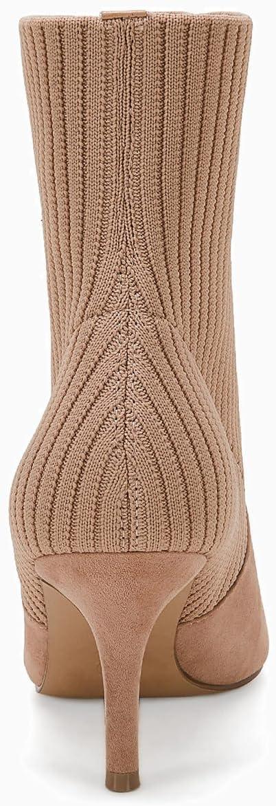 imageCoutgo Womens Pointed Toe Ankle Boots Stiletto Kitten Heel Knit Faux Suede Winter Sock BootiesKhaki Suede