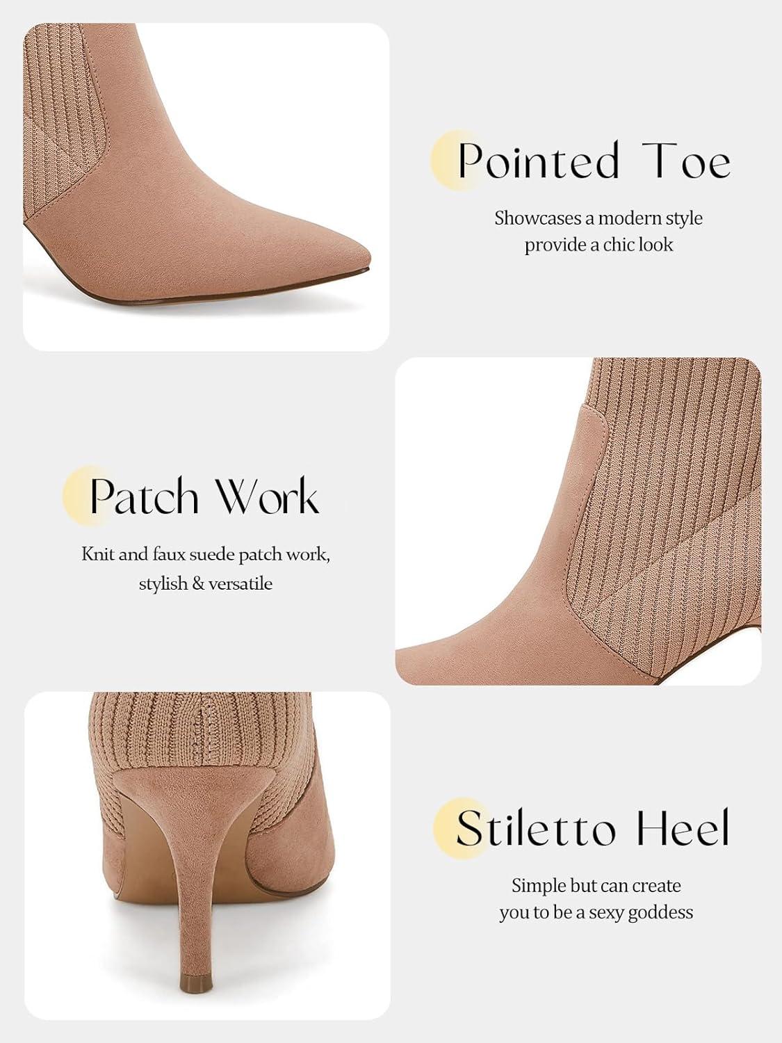 imageCoutgo Womens Pointed Toe Ankle Boots Stiletto Kitten Heel Knit Faux Suede Winter Sock BootiesKhaki Suede