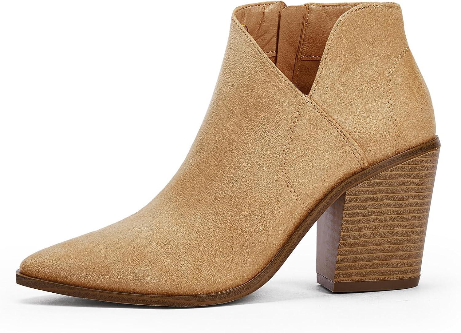 imageWomens Pointed Toe Ankle Boots Block Stacked Chunky Heel Cutout Side Zipper Fall Booties ShoeKhaki