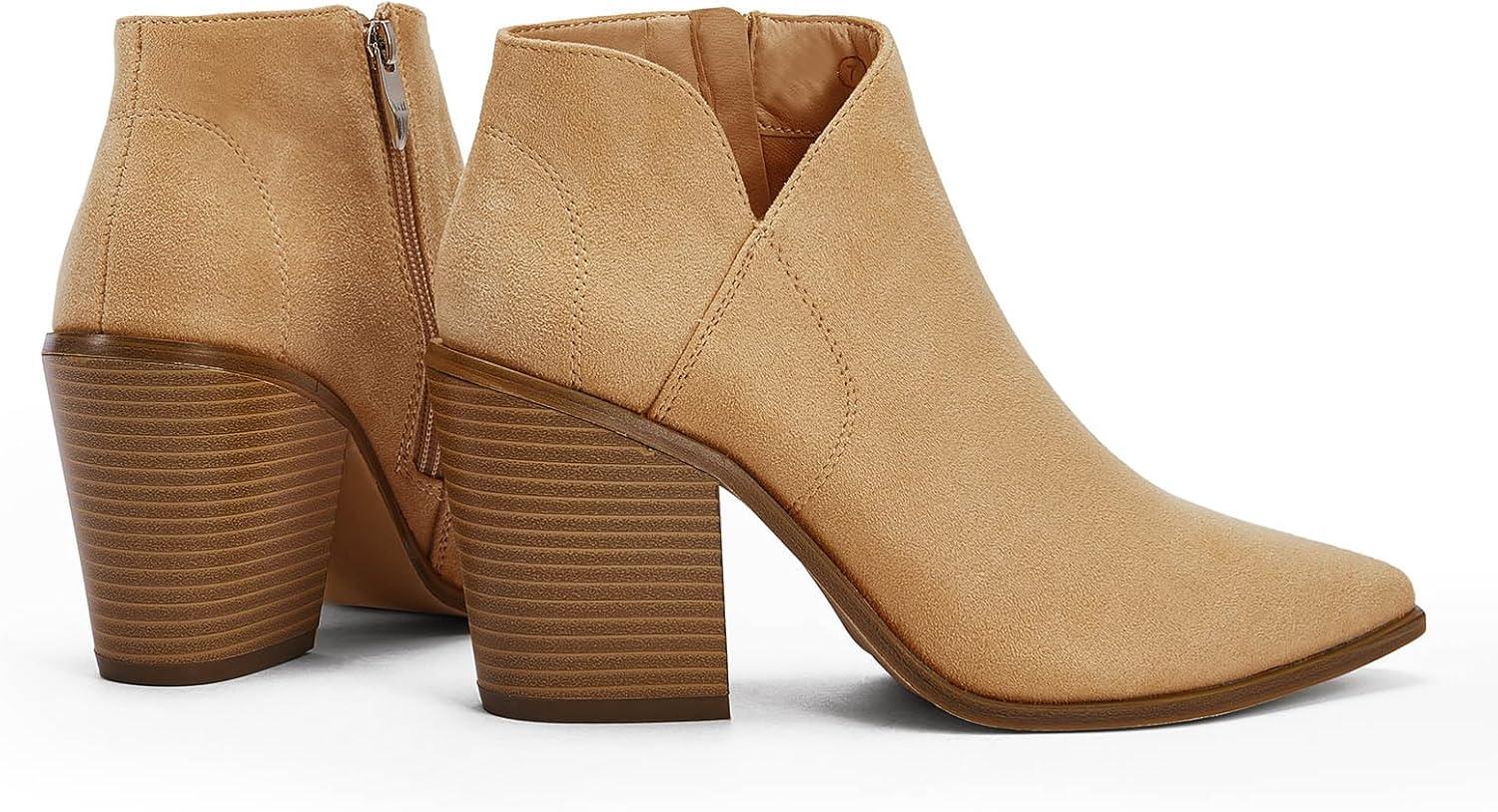 imageWomens Pointed Toe Ankle Boots Block Stacked Chunky Heel Cutout Side Zipper Fall Booties ShoeKhaki