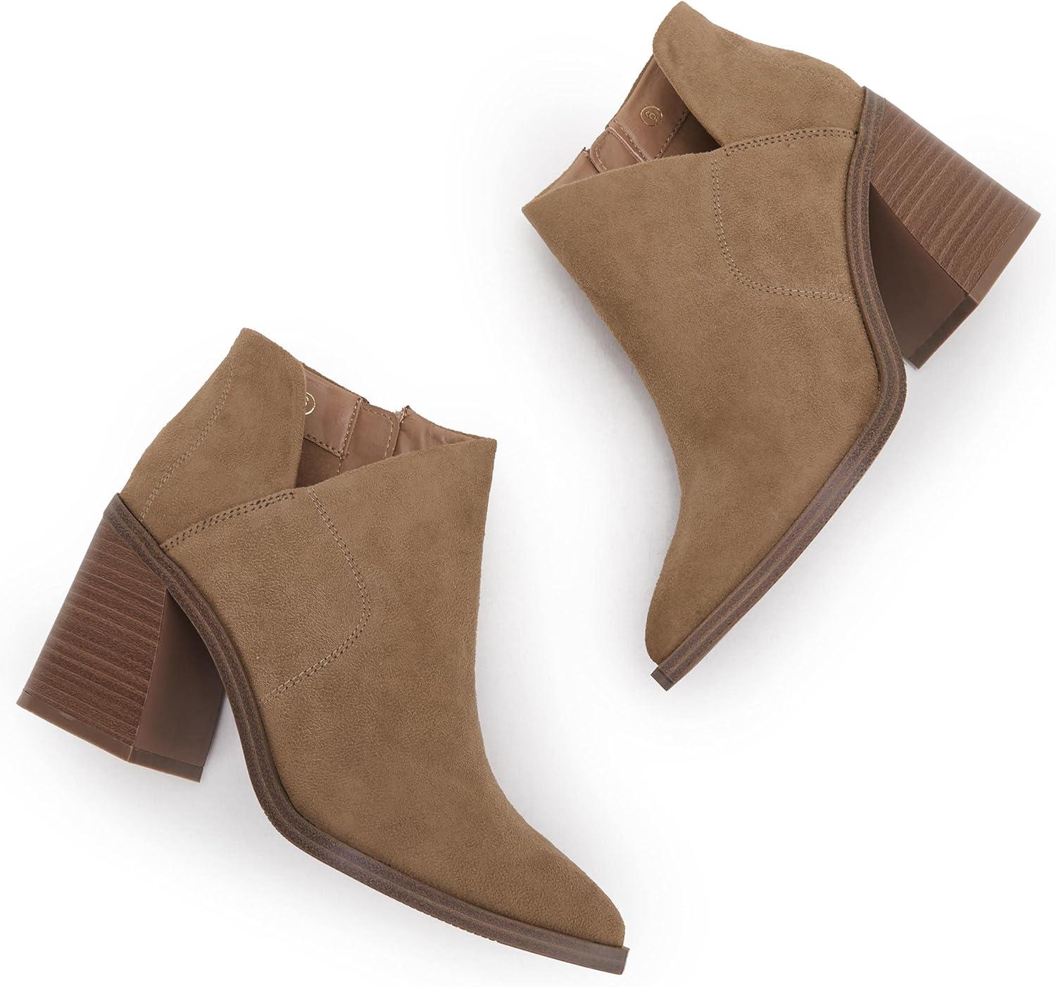 imageWomens Pointed Toe Ankle Boots Block Stacked Chunky Heel Cutout Side Zipper Fall Booties ShoeKhaki