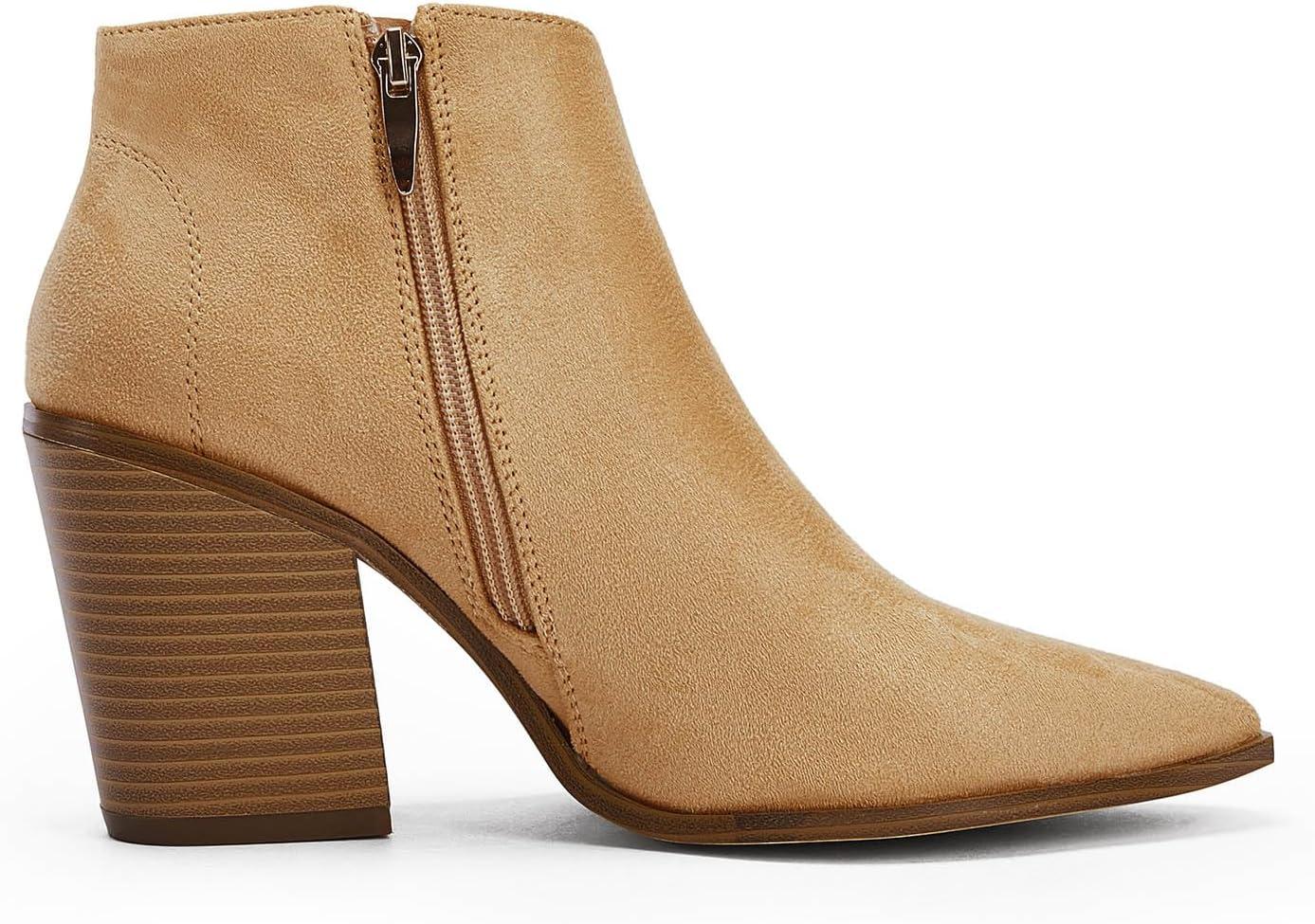 imageWomens Pointed Toe Ankle Boots Block Stacked Chunky Heel Cutout Side Zipper Fall Booties ShoeKhaki