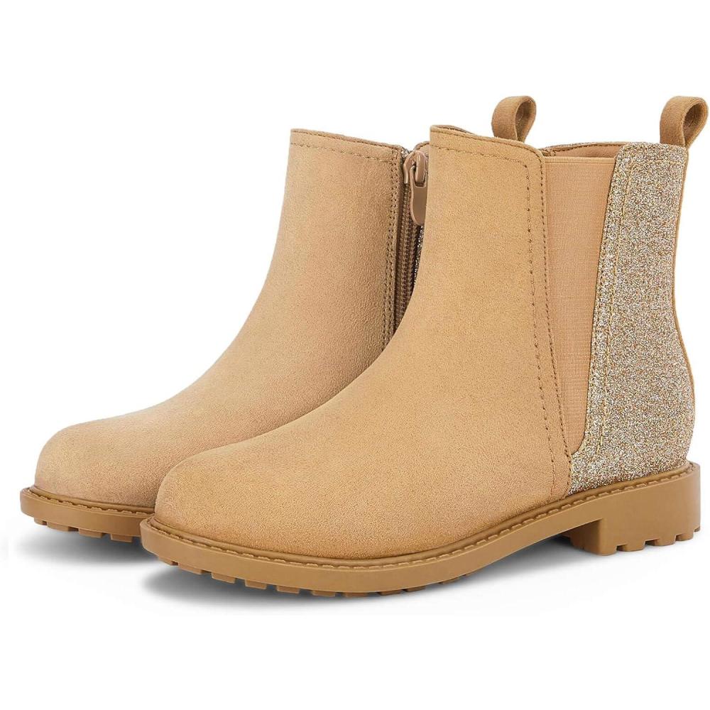imageCoutgo Girls Glitter Ankle Boots Side Zipper Comfortable Chelsea Dress Booties for ToddlerLittle KidBig KidsCamel