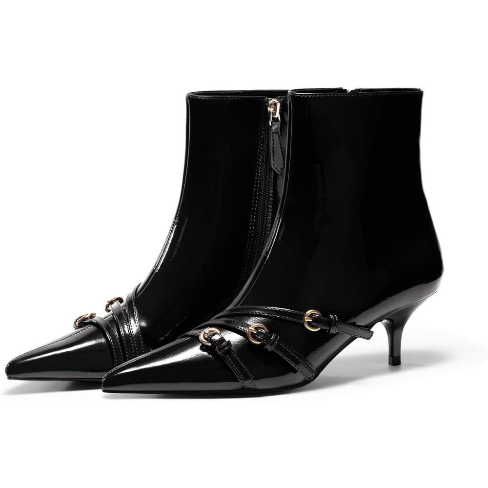 imageCoutgo Womens Buckle Strap Ankle Booties Kitten Low Heel Pointed Toe Y2K Boots Side Zipper Fall ShoesBlack