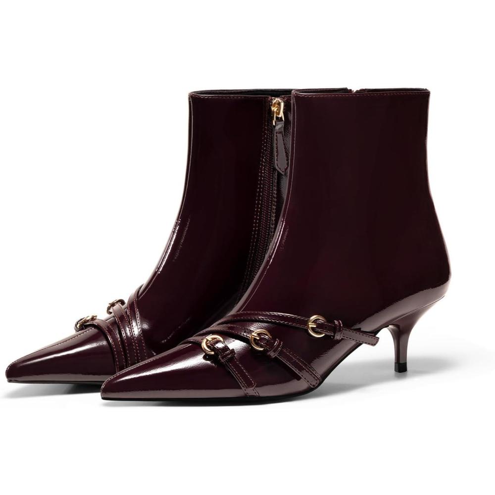 imageCoutgo Womens Buckle Strap Ankle Booties Kitten Low Heel Pointed Toe Y2K Boots Side Zipper Fall ShoesBurgundy