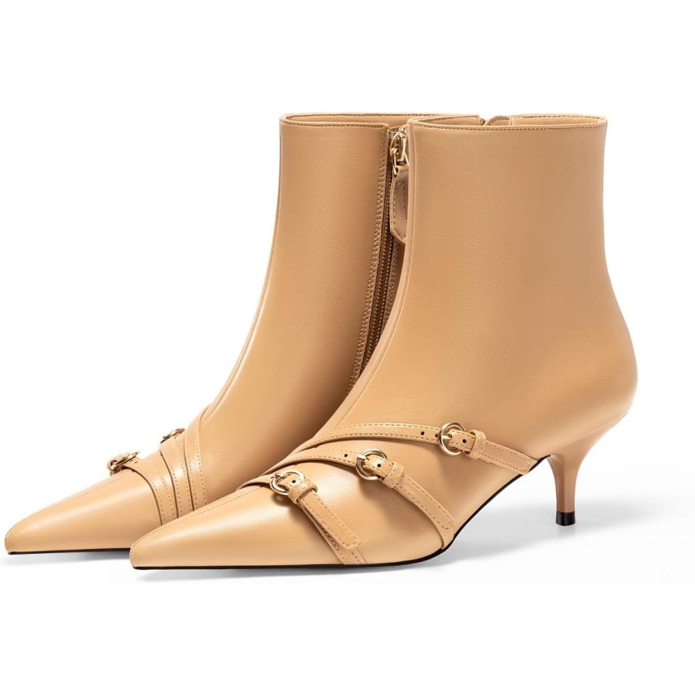 imageCoutgo Womens Buckle Strap Ankle Booties Kitten Low Heel Pointed Toe Y2K Boots Side Zipper Fall ShoesKhaki