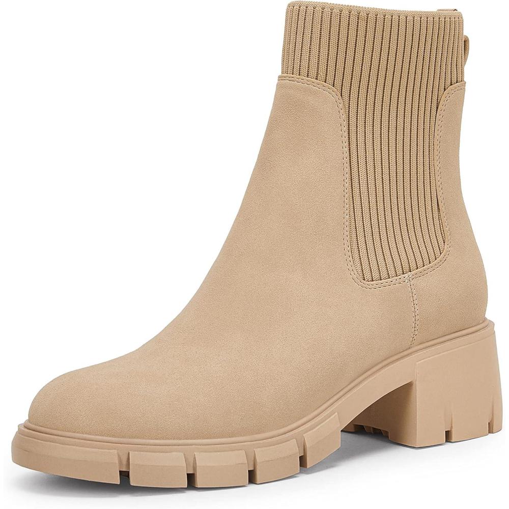 imageCoutgo Womens Chelsea Platform Ankle Boots Elastic Slip On Chunky Block Heel Lug Sole BootiesBeige