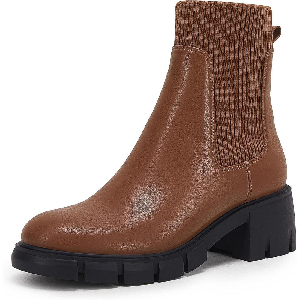 imageCoutgo Womens Chelsea Platform Ankle Boots Elastic Slip On Chunky Block Heel Lug Sole BootiesBrown