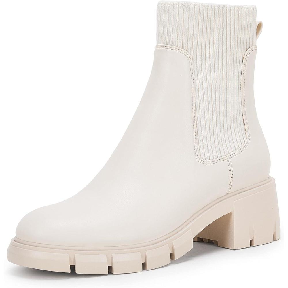 imageCoutgo Womens Chelsea Platform Ankle Boots Elastic Slip On Chunky Block Heel Lug Sole BootiesWhite