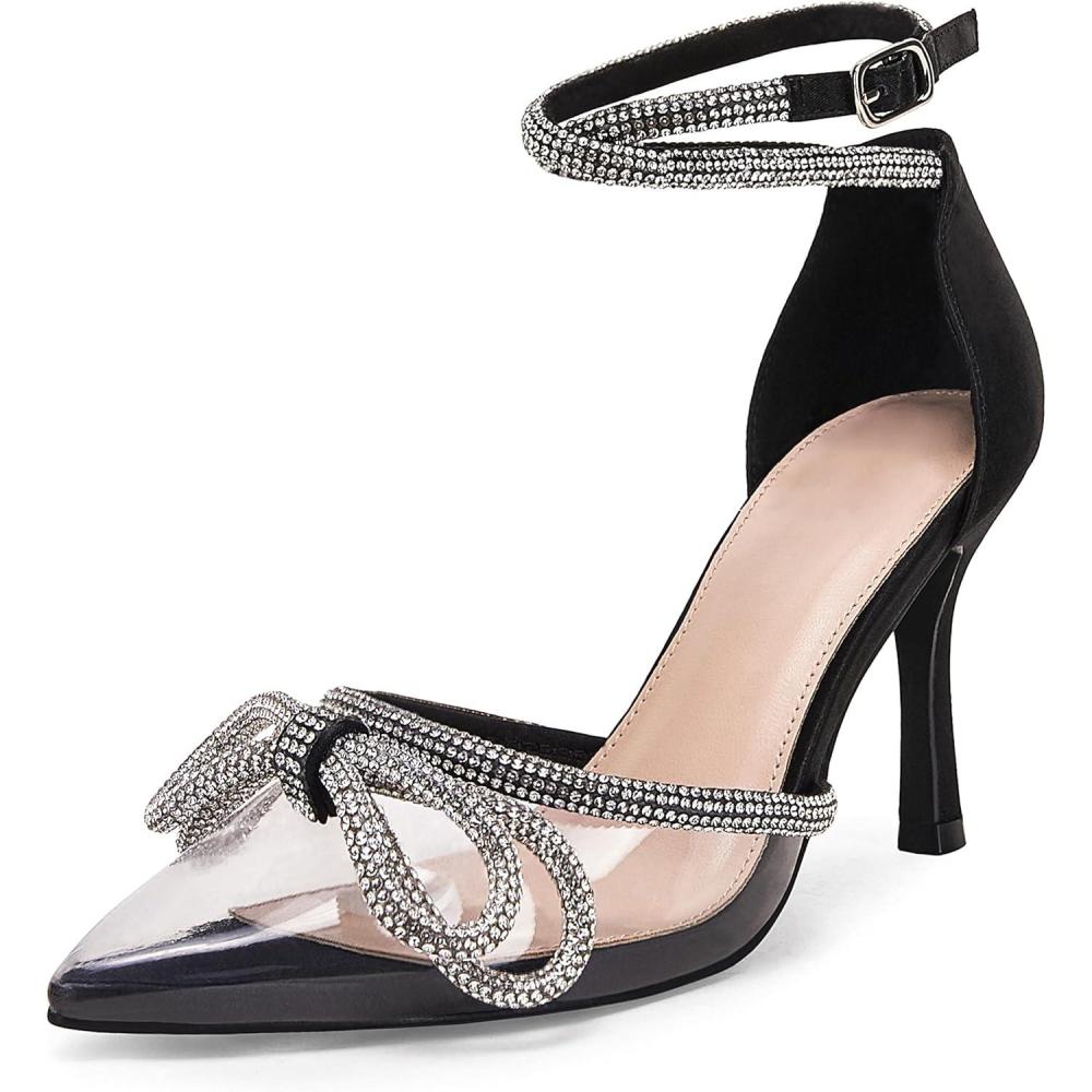 imageCoutgo Womens Clear Heels Closed Toe Pointed Rhinestone Heels Wedding Bridal Dress Shoes Ankle Strap Mid Heel Stiletto Pumps ShoesBlack