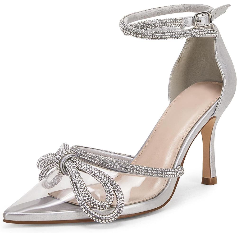 imageCoutgo Womens Clear Heels Closed Toe Pointed Rhinestone Heels Wedding Bridal Dress Shoes Ankle Strap Mid Heel Stiletto Pumps ShoesSilver