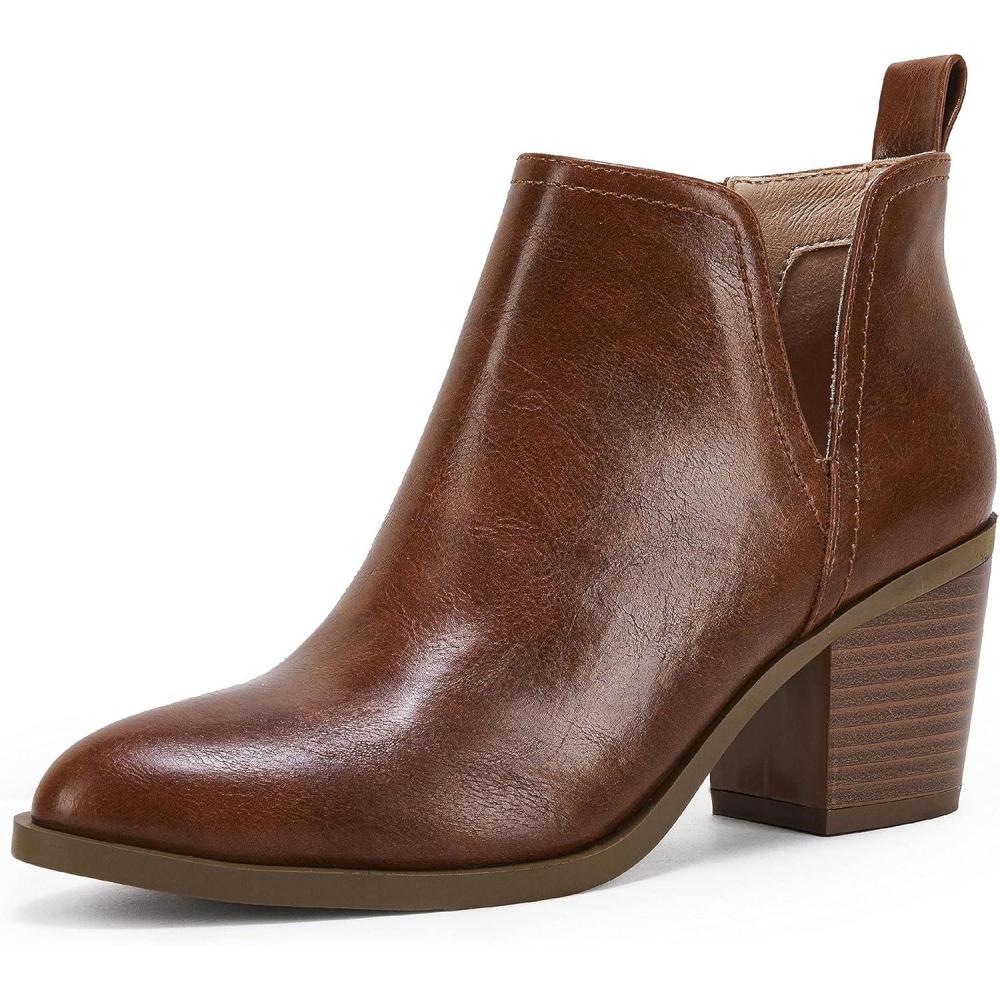 imageCoutgo Womens Cut Out Ankle Boots Chunky Stacked Heel Almond Toe Slip on Western BootiesDark Brown