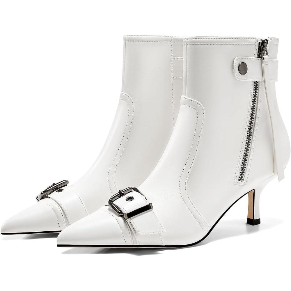 imageCoutgo Womens Kitten Heel Ankle Boots Pointed Toe Buckle Side Zipper Tassel Fall Winter Booties ShoesCreamywhite