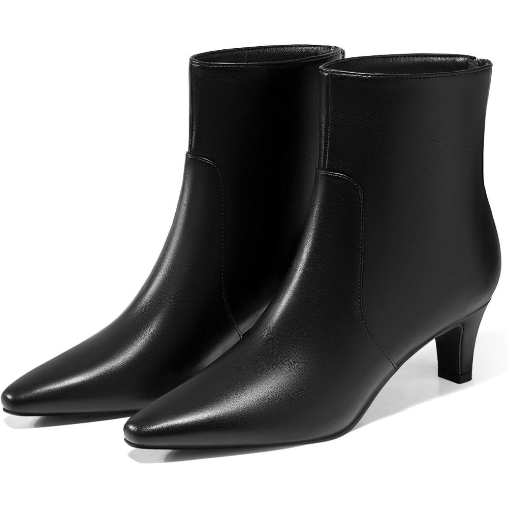 imageCoutgo Womens Low Kitten Heel Short Boots Fall Square Pointed Toe Ankle Boots Leather Dress Booties With ZipperBlack