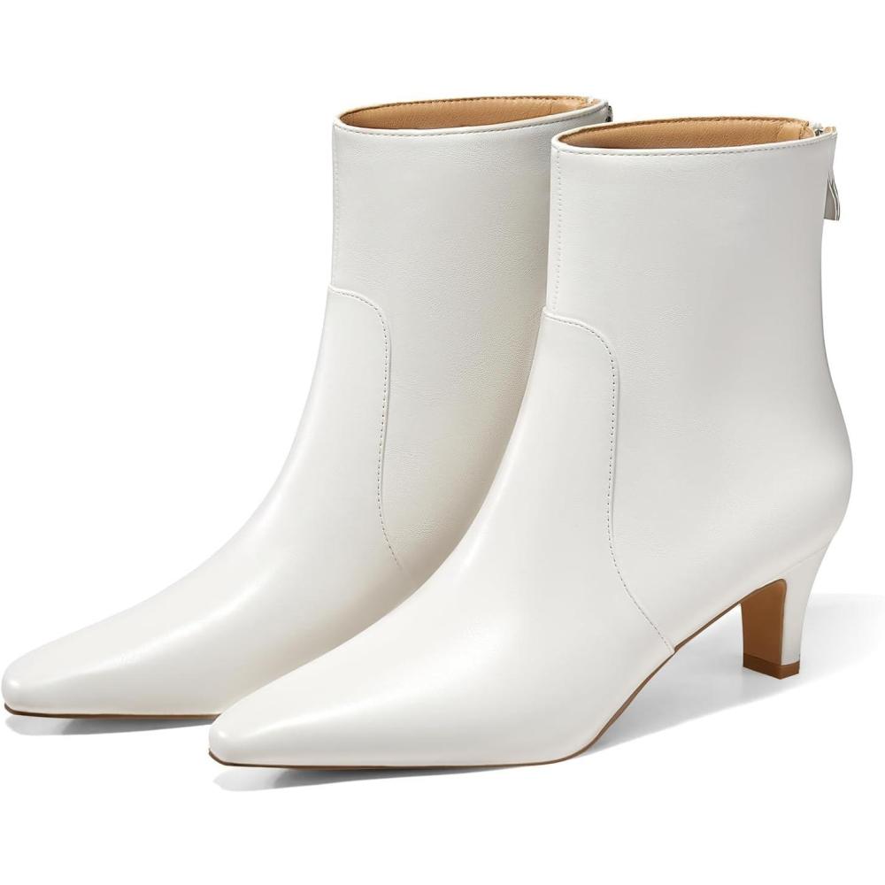 imageCoutgo Womens Low Kitten Heel Short Boots Fall Square Pointed Toe Ankle Boots Leather Dress Booties With ZipperWhite