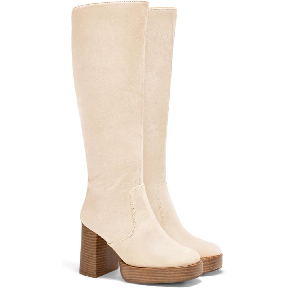 imageCoutgo Womens Platform Knee High Boots Chunky Block Heels Square Toe Tall Boots Side Zipper Fall Dress ShoesBeige Suede