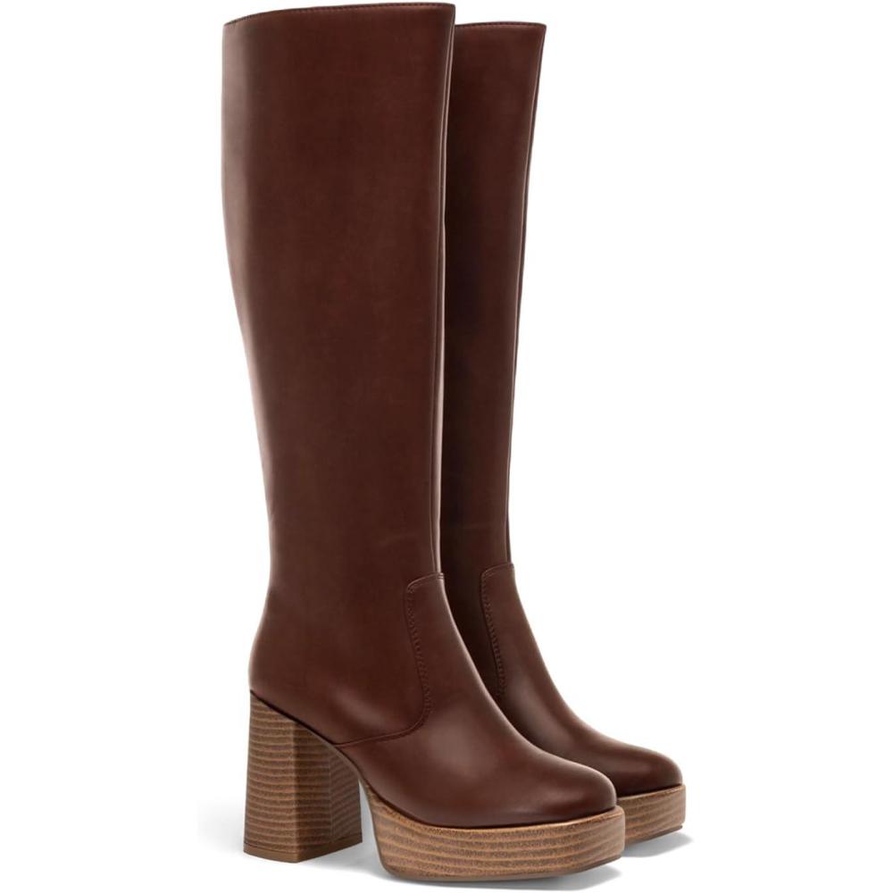 imageCoutgo Womens Platform Knee High Boots Chunky Block Heels Square Toe Tall Boots Side Zipper Fall Dress ShoesDark Brown Pu