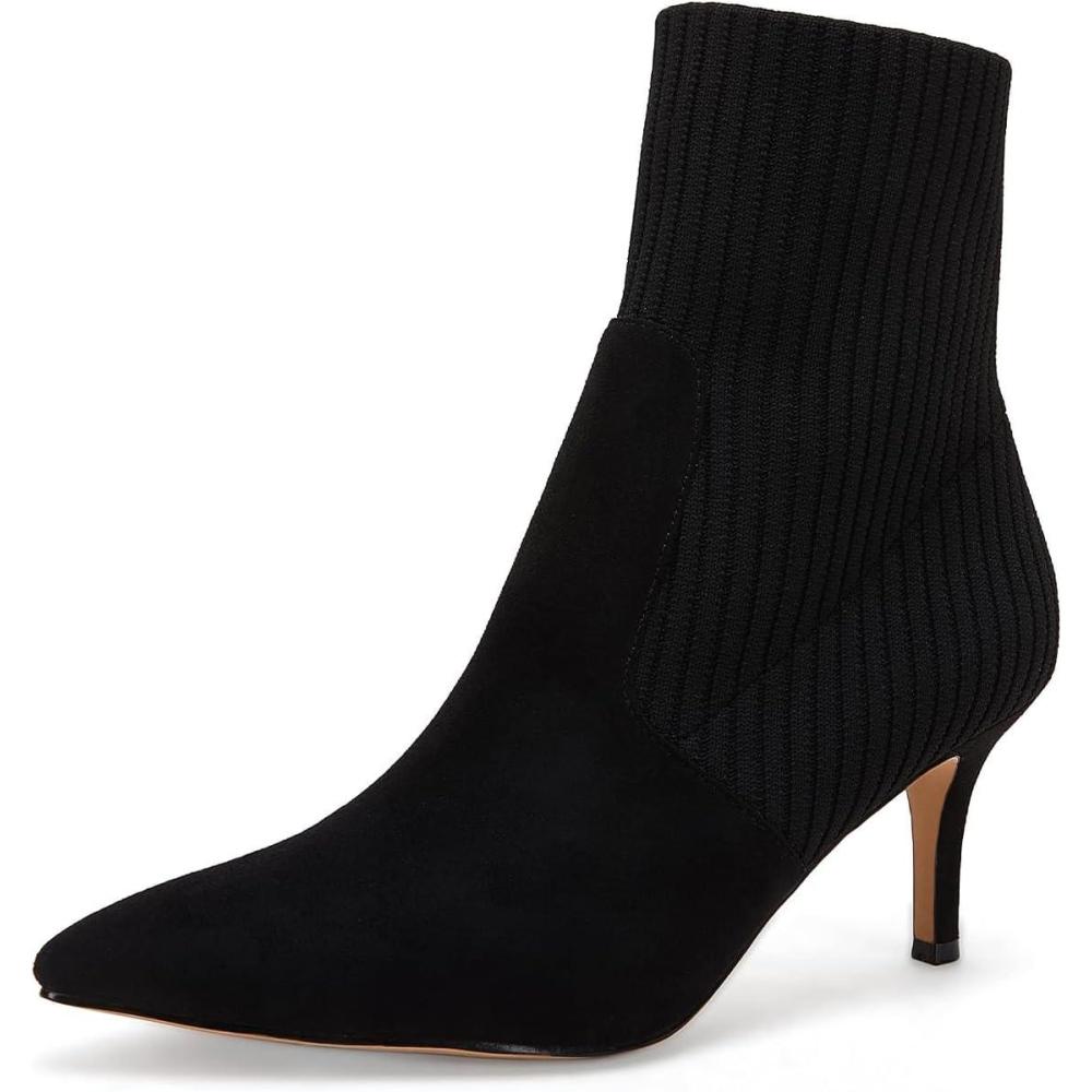 imageCoutgo Womens Pointed Toe Ankle Boots Stiletto Kitten Heel Knit Faux Suede Winter Sock BootiesBlack Suede