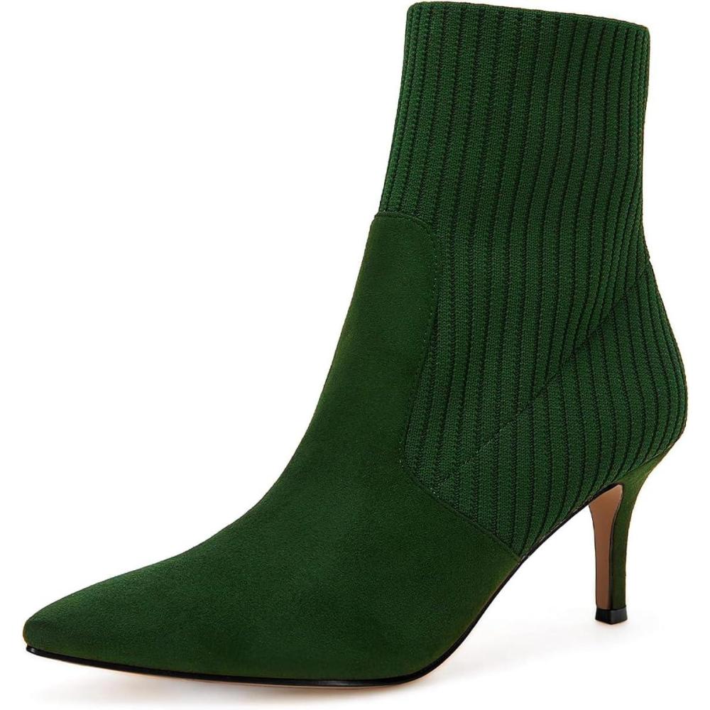 imageCoutgo Womens Pointed Toe Ankle Boots Stiletto Kitten Heel Knit Faux Suede Winter Sock BootiesDark Green Suede