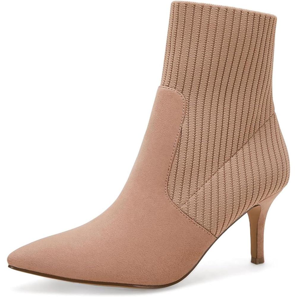 imageCoutgo Womens Pointed Toe Ankle Boots Stiletto Kitten Heel Knit Faux Suede Winter Sock BootiesKhaki Suede