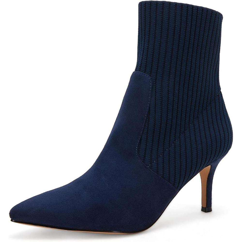 imageCoutgo Womens Pointed Toe Ankle Boots Stiletto Kitten Heel Knit Faux Suede Winter Sock BootiesNavy Suede